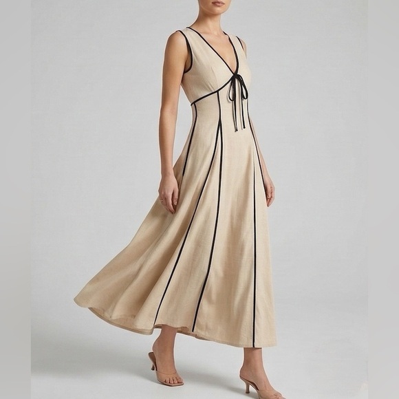 Contrast-Trimmed 100% Cotton Maxi Dress – Sand & Black - Picture 3 of 9